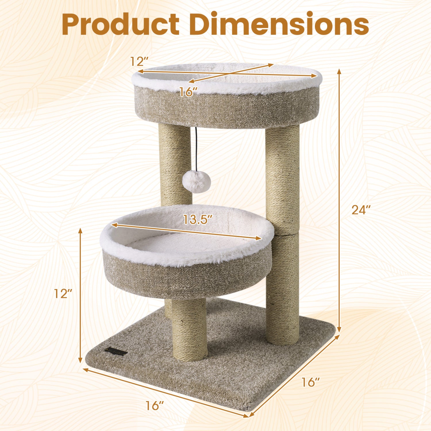 24" Cat Tower with 2 Plush Perches  Scratching Posts and Dangling Ball
