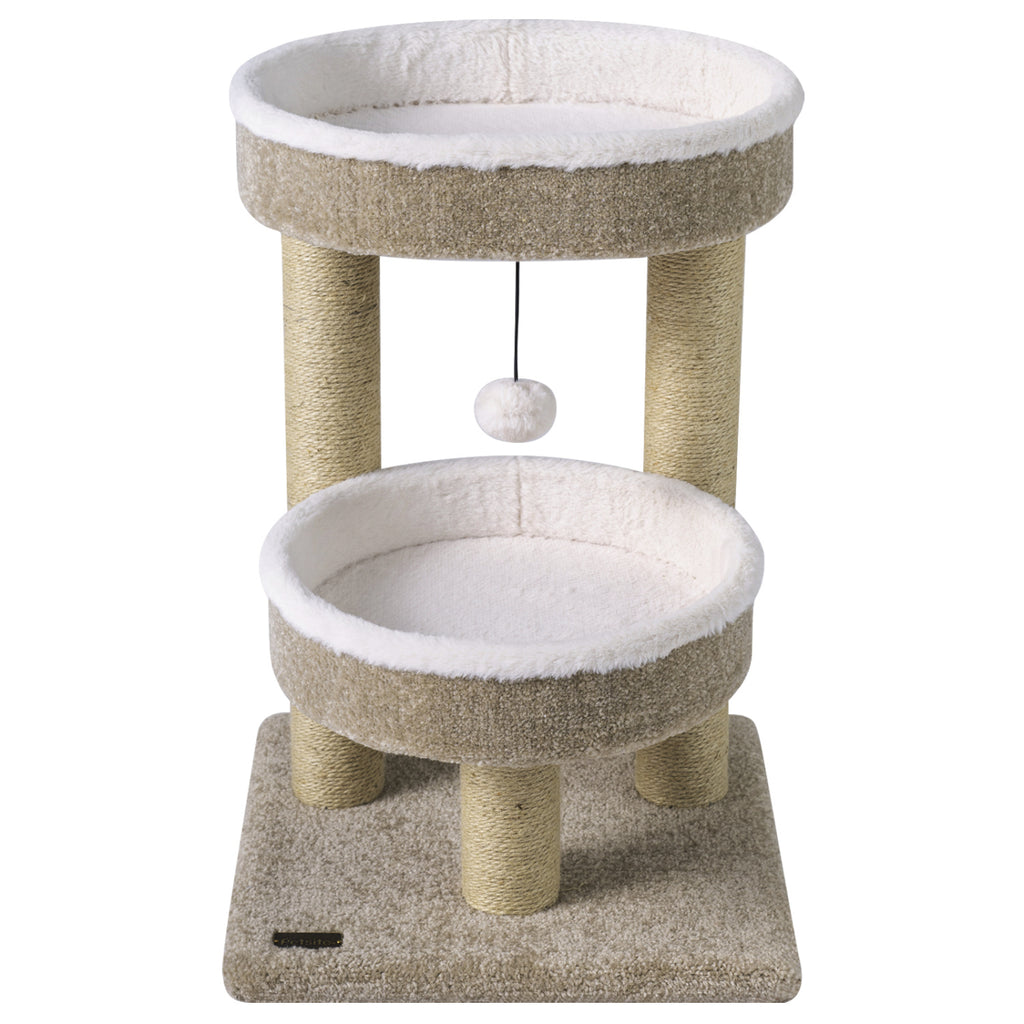 24" Cat Tower with 2 Plush Perches  Scratching Posts and Dangling Ball