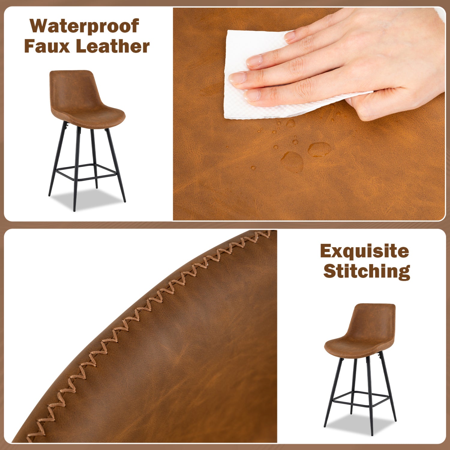 24 Inch Bar Stools Set of 4 with Backs and Footrests-Brown