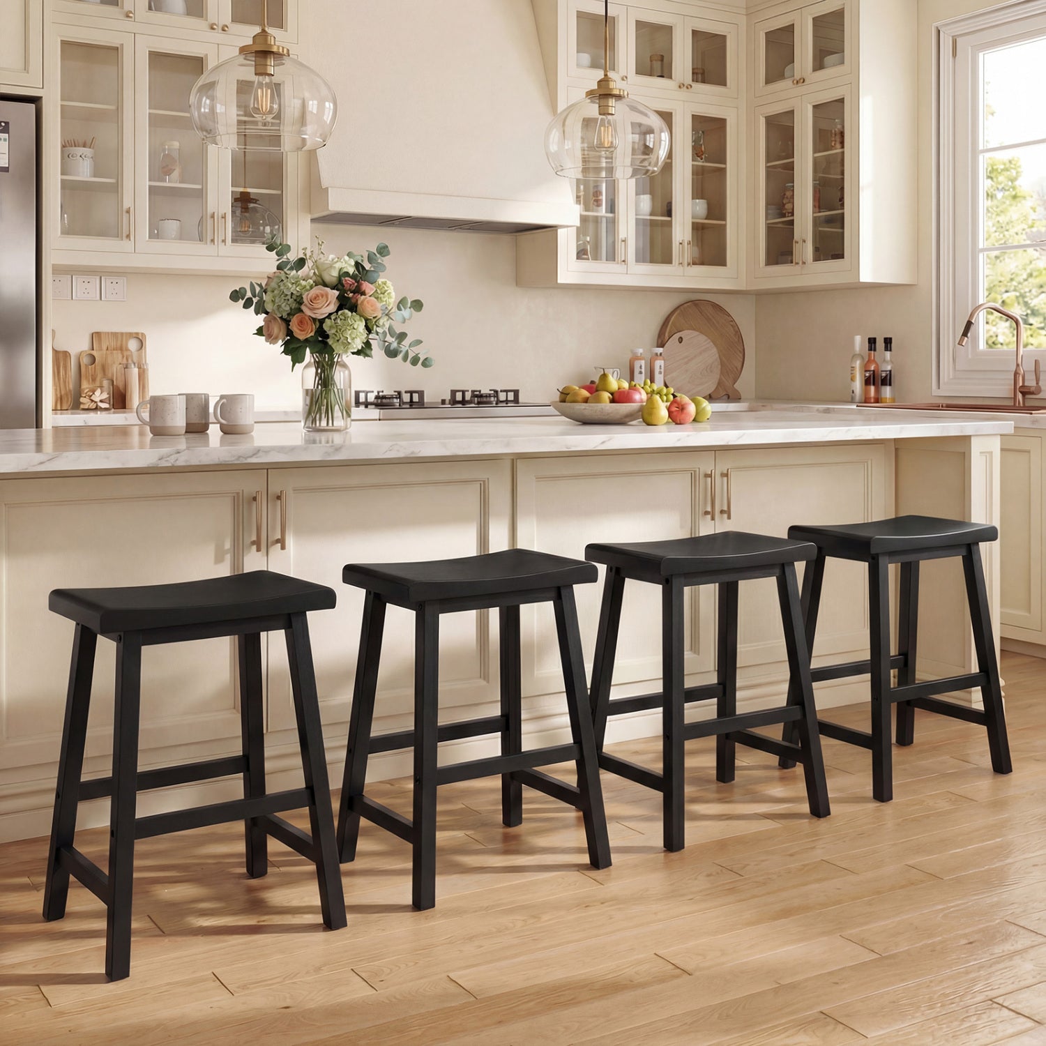 24 Inch Counter Height Stools Solid Wood Saddle Bar Stools Set of 2-Black