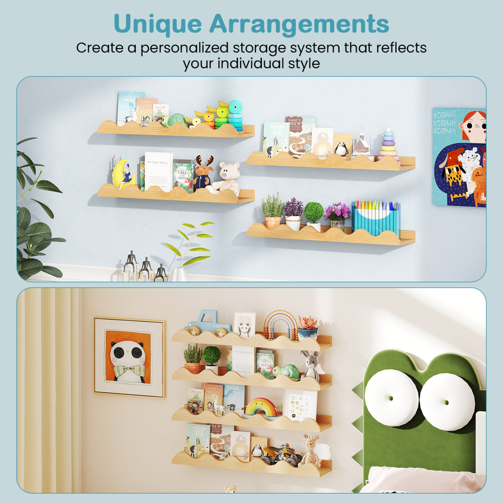 24 Inch Kids Bookshelf Set of 4 Wall-Mounted Picture Ledge Shelf-Natural