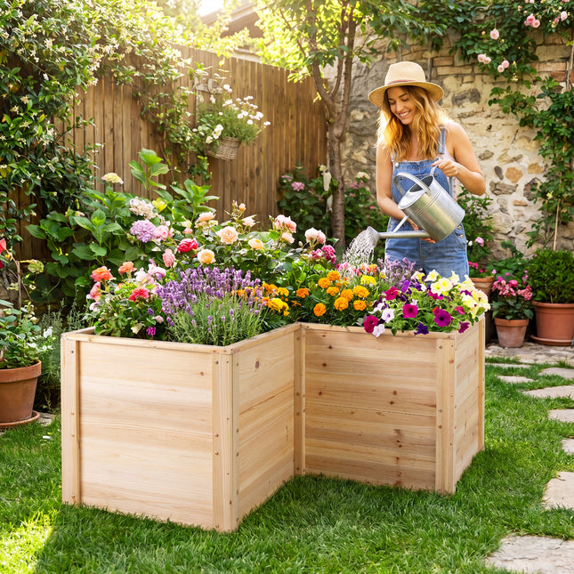 24 Inch L-Shaped Wooden Raised Garden Bed with Open-Ended Base-Natural
