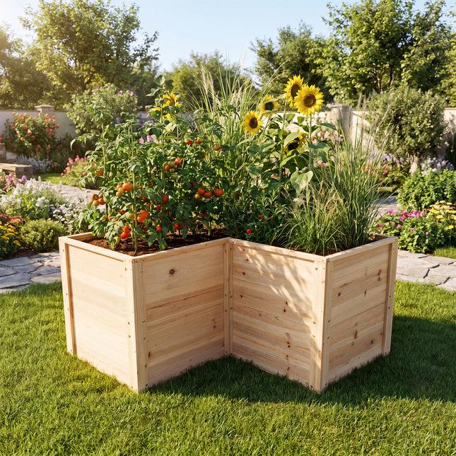 24 Inch L-Shaped Wooden Raised Garden Bed with Open-Ended Base-Natural