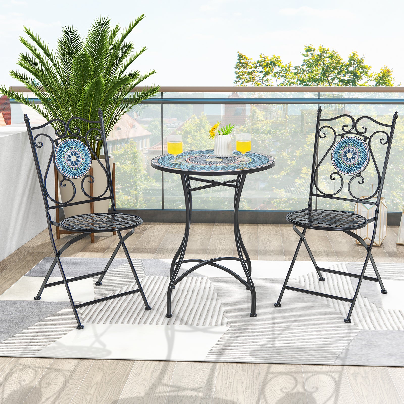 24 Inch Patio Bistro Table with Ceramic Tile Tabletop-Multicolor