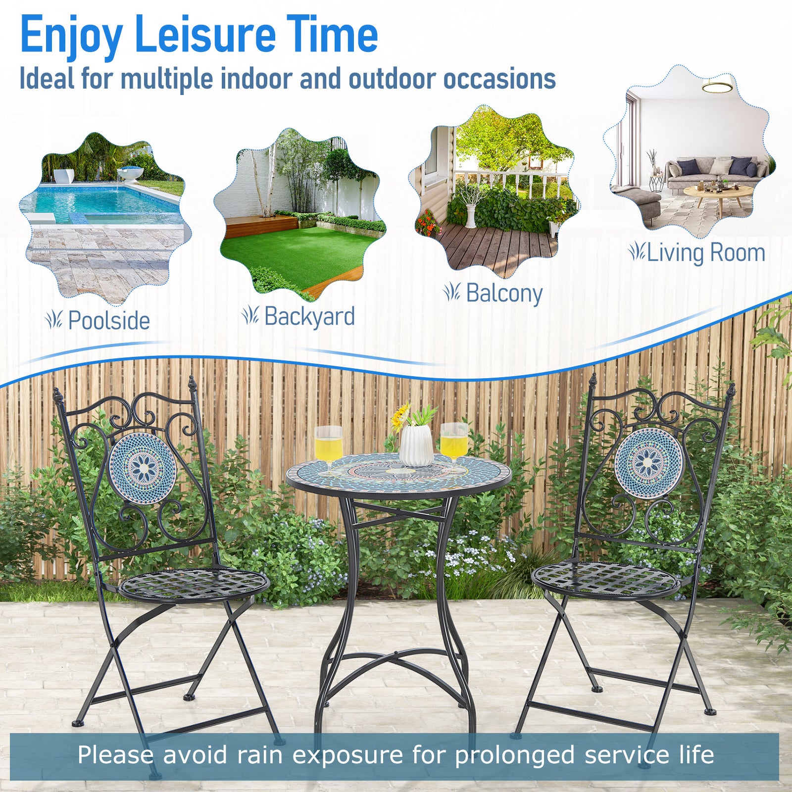 24 Inch Patio Bistro Table with Ceramic Tile Tabletop-Multicolor