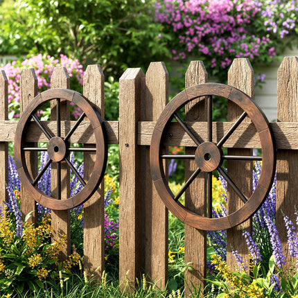 24 Inch Set of 2 Decorative Wooden Wagon Wheel Carbonized Solid Fir Wood