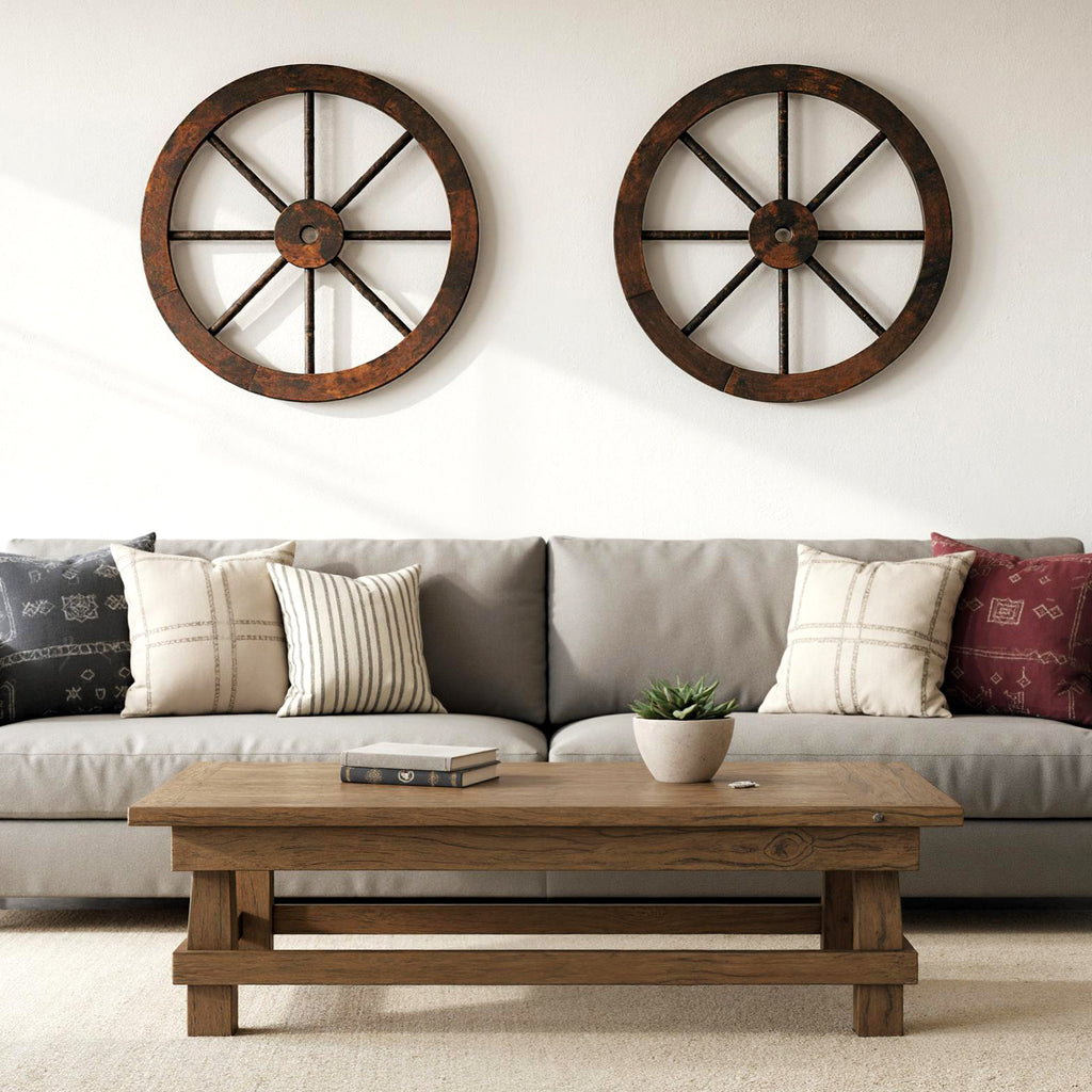 24 Inch Set of 2 Decorative Wooden Wagon Wheel Carbonized Solid Fir Wood