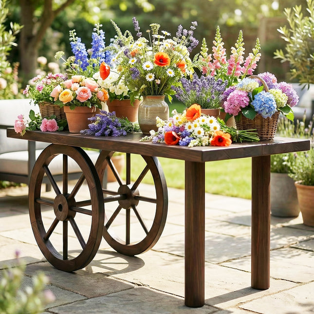24 Inch Set of 2 Decorative Wooden Wagon Wheel Carbonized Solid Fir Wood