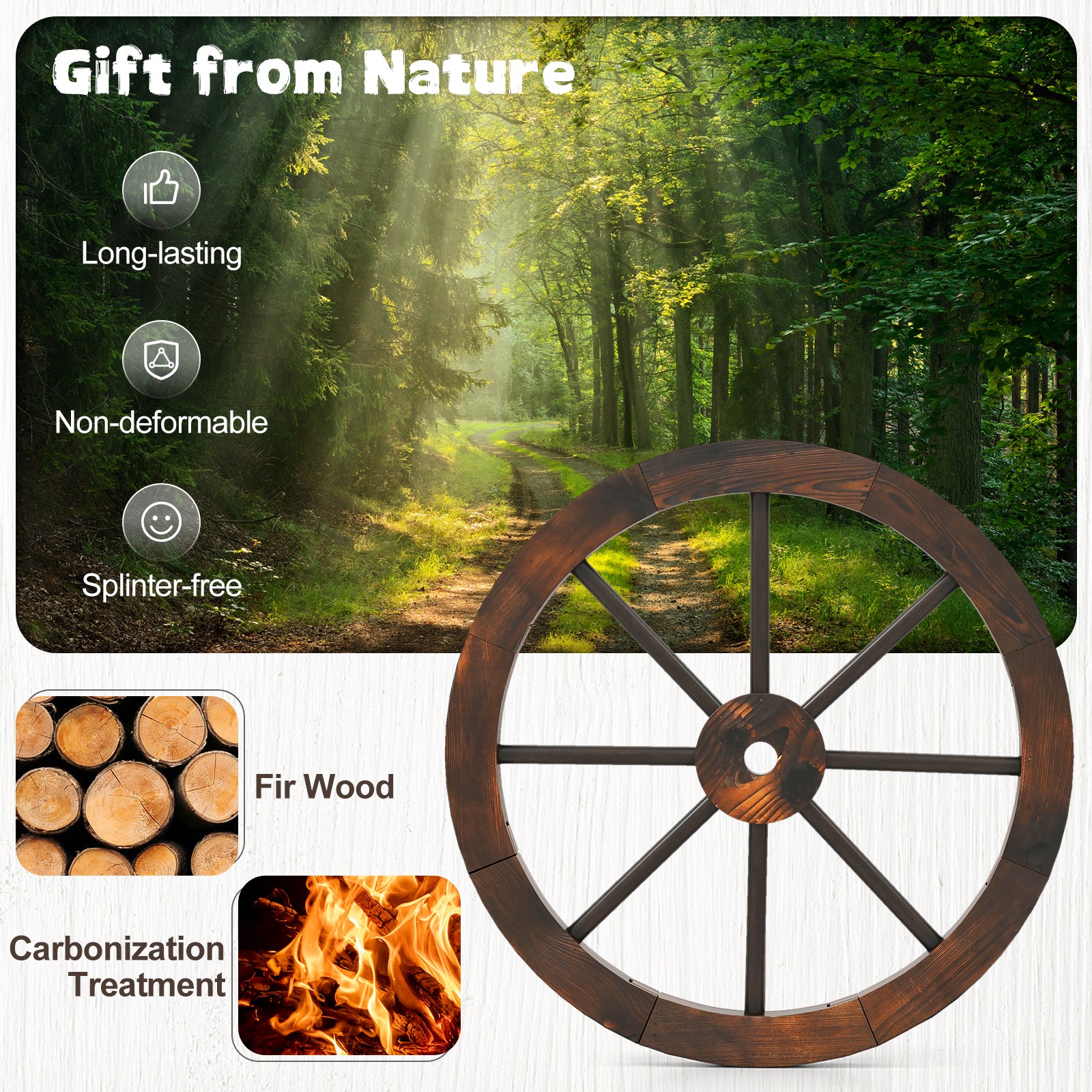 24 Inch Set of 2 Decorative Wooden Wagon Wheel Carbonized Solid Fir Wood