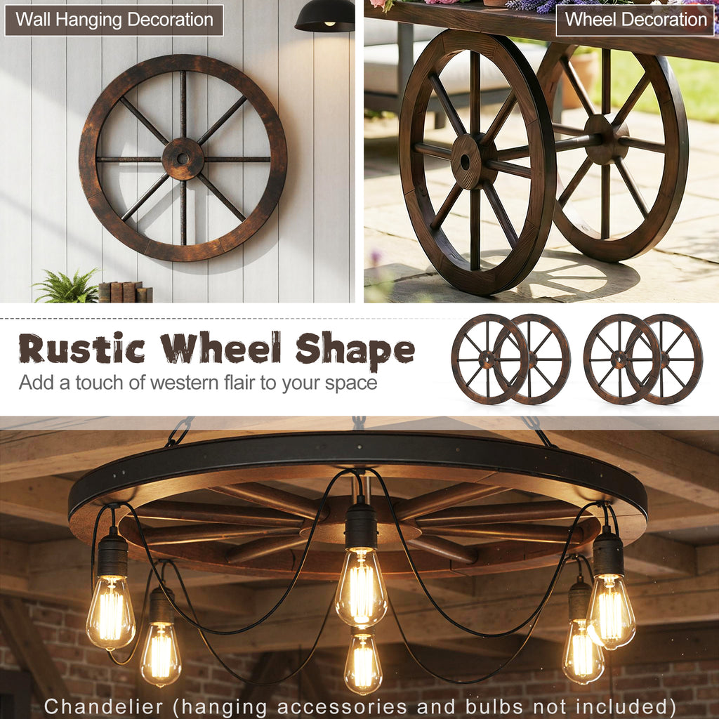 24 Inch Set of 2 Decorative Wooden Wagon Wheel Carbonized Solid Fir Wood