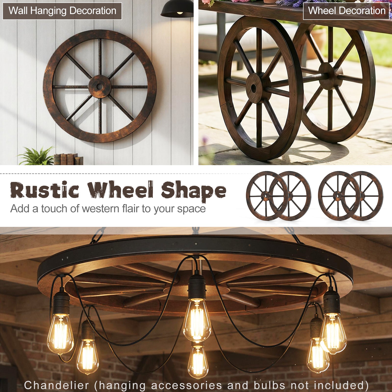24 Inch Set of 2 Decorative Wooden Wagon Wheel Carbonized Solid Fir Wood