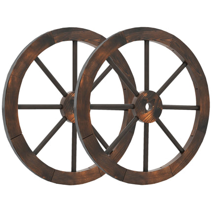 24 Inch Set of 2 Decorative Wooden Wagon Wheel Carbonized Solid Fir Wood