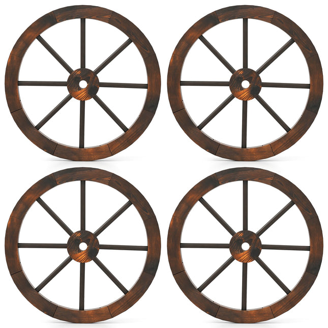 24 Inch Set of 4 Decorative Wooden Wagon Wheel Carbonized Solid Fir Wood