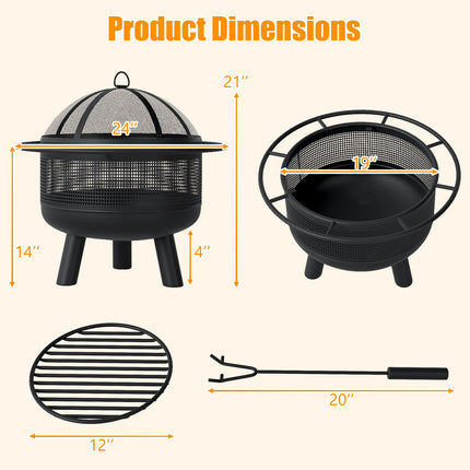 24 Inch Wood Burning Fire Pit with Log Grate and  Mesh Screen for Outside