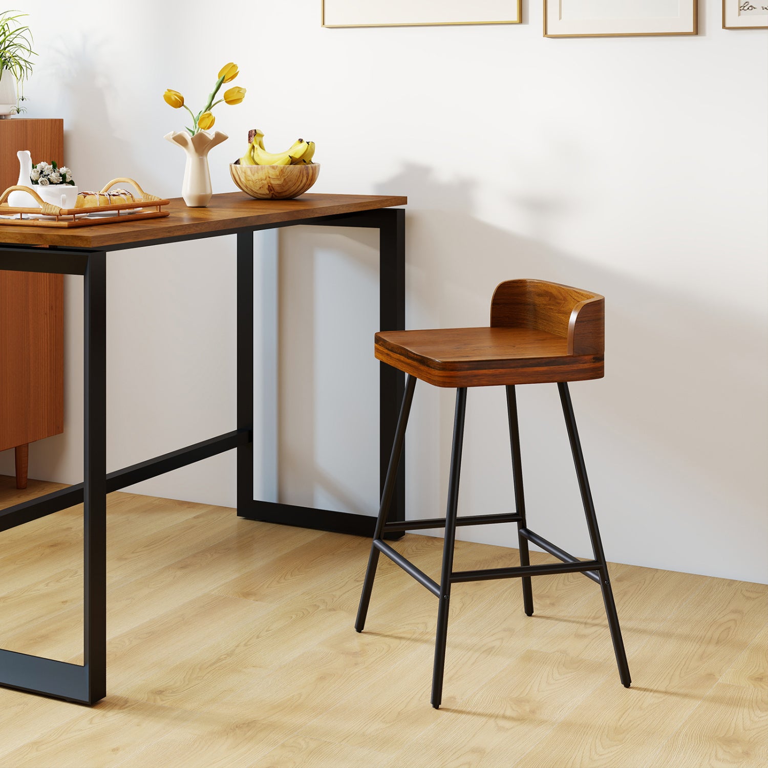 24" Industrial Rubber Wood Bar Stool with Low Back Metal Legs and Footrest-Brown