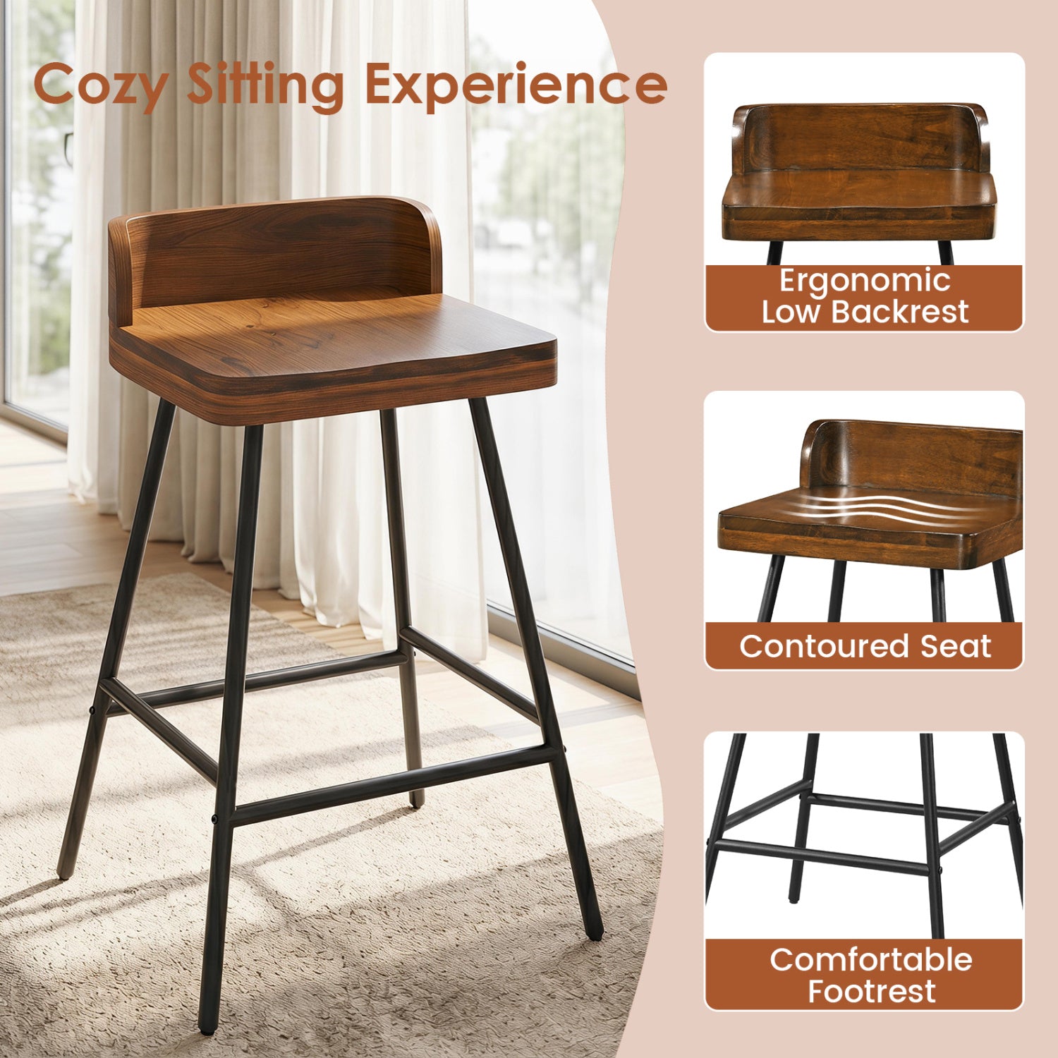 24" Industrial Rubber Wood Bar Stool with Low Back Metal Legs and Footrest-Brown