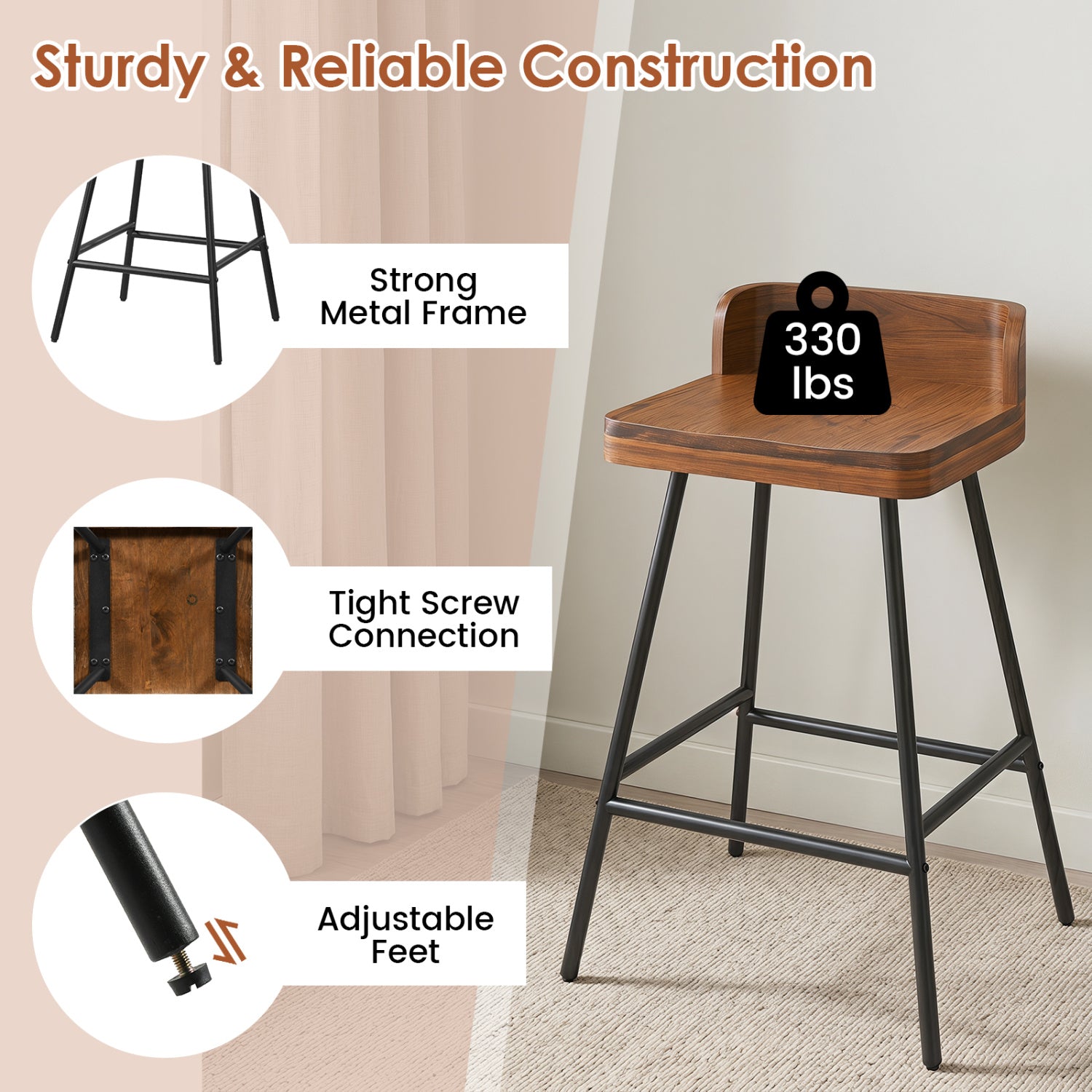 24" Industrial Rubber Wood Bar Stool with Low Back Metal Legs and Footrest-Brown