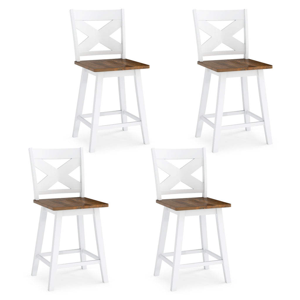 24" Rubberwood Swivel Barstools Set of 4 with Backrest and Large Seat-White