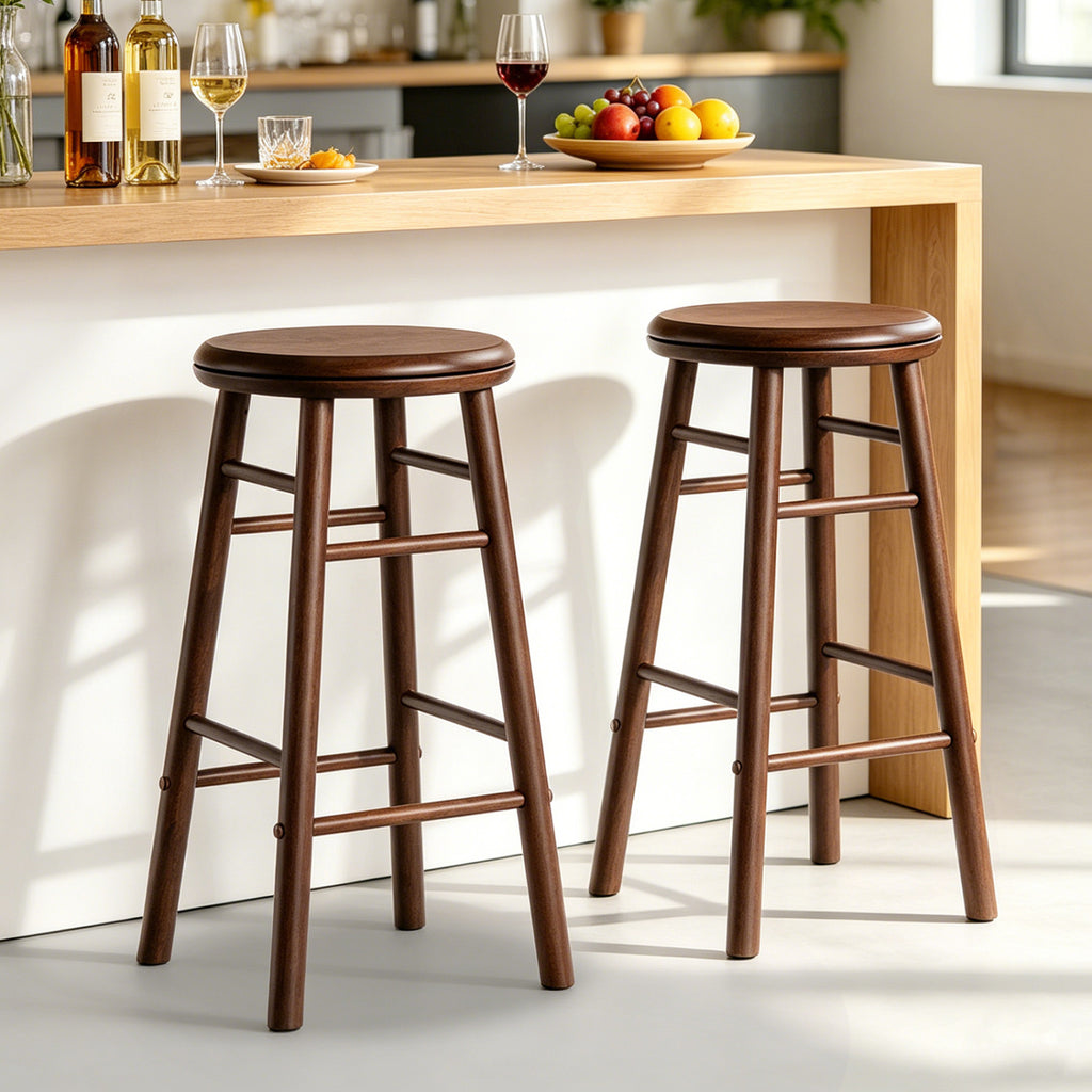 24" Swivel Bar Stools Set of 2 with Footrests & Crossbars-Walnut