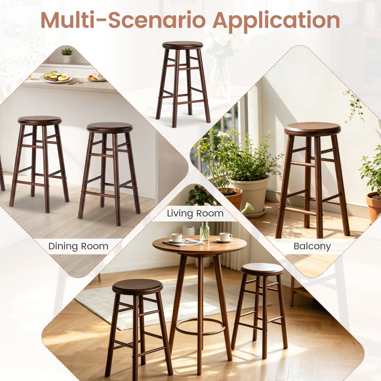 24" Swivel Bar Stools Set of 2 with Footrests & Crossbars-Walnut