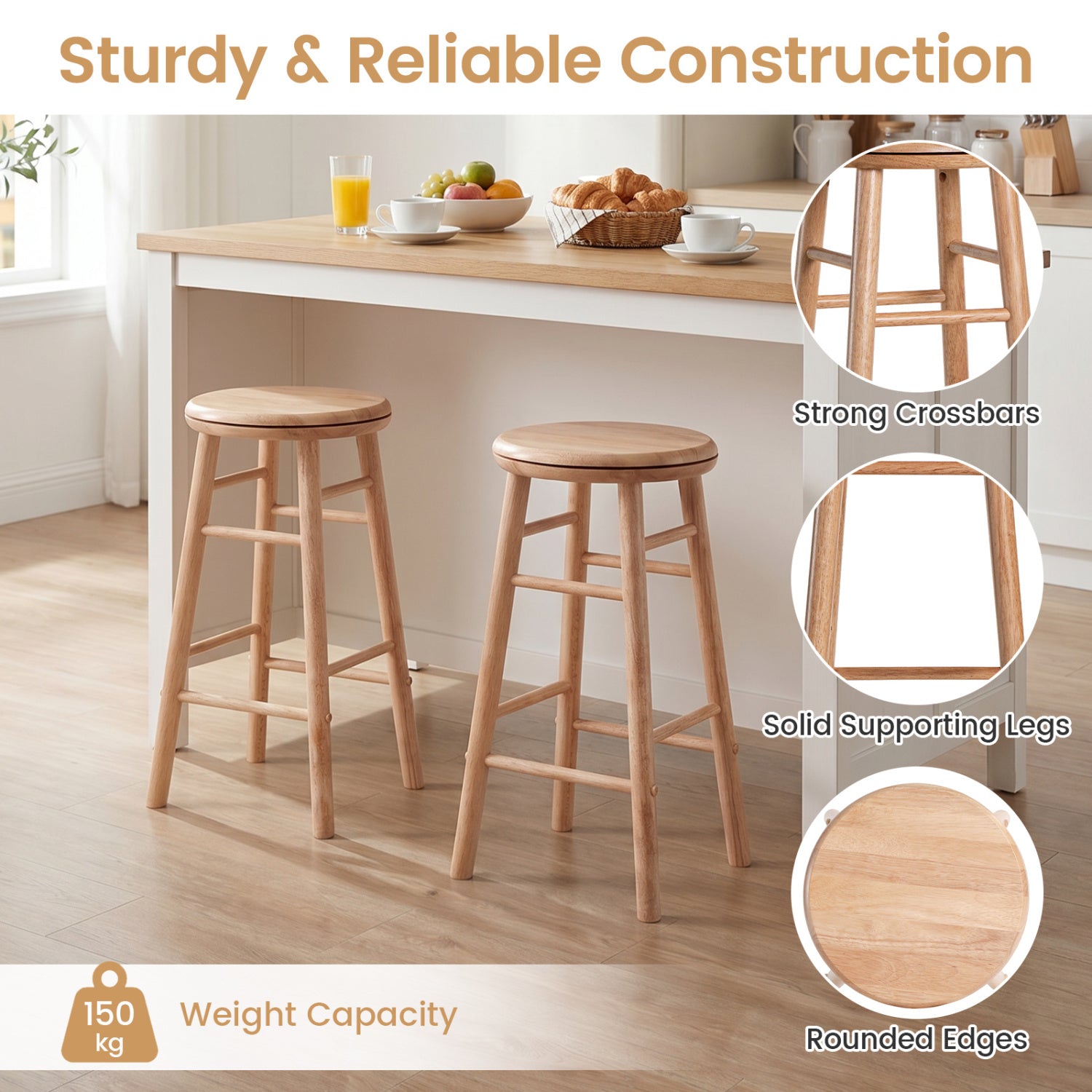 24" Swivel Bar Stools Set of 2 with Footrests & Crossbars-Natural