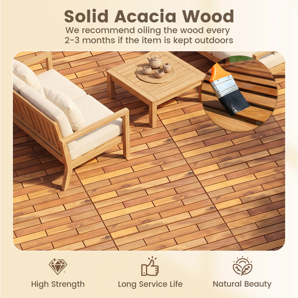 24 x 12 Inch 12 Pieces Acacia Wood Interlocking Deck Tiles with Waterproof Design-Natural