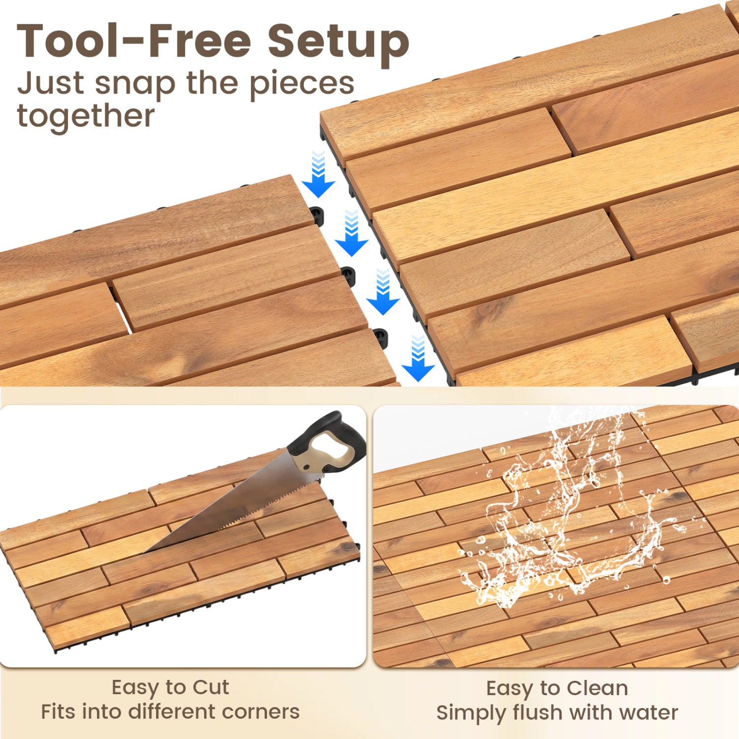 24 x 12 Inch 24 Pieces Acacia Wood Interlocking Deck Tiles with Waterproof Design
