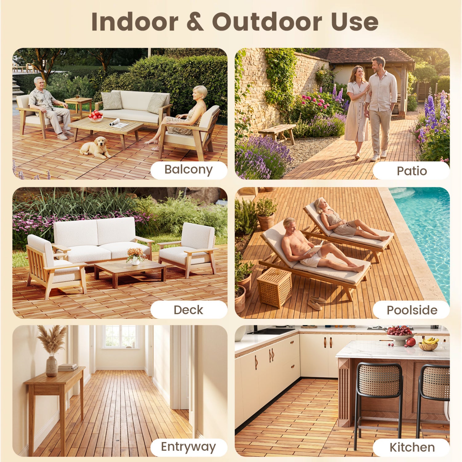 24 x 12 Inch 24 Pieces Acacia Wood Interlocking Deck Tiles with Waterproof Design