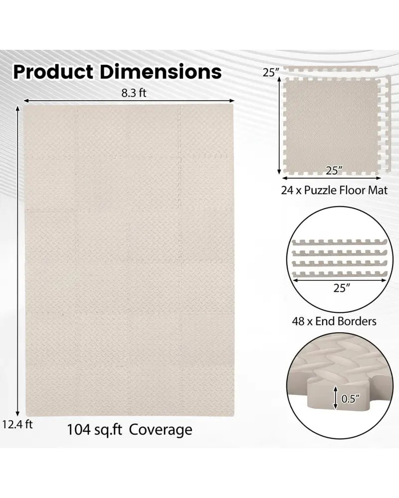 24Tiles 1/2’’ Puzzle Exercise Floor Mats-Beige - Beige - Yoga Accessories