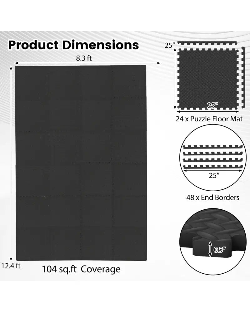 24Tiles 1/2’’ Puzzle Exercise Floor Mats-Black - Black - Yoga Accessories