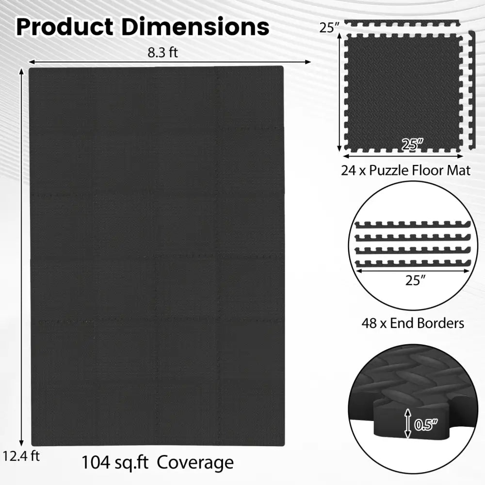 24Tiles 1/2’’ Puzzle Exercise Floor Mats-Black - Black - Yoga Accessories