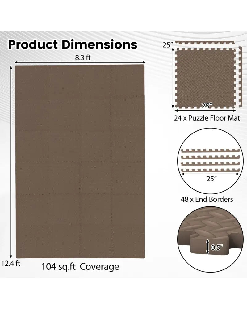 24Tiles 1/2’’ Puzzle Exercise Floor Mats-Brown - Brown - Yoga Accessories