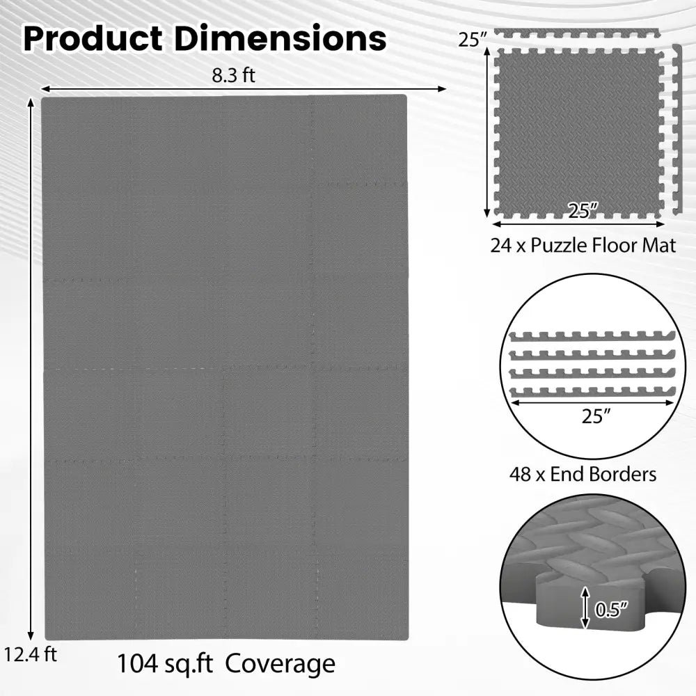 24Tiles 1/2’’ Puzzle Exercise Floor Mats-Gray - Gray - Yoga Accessories
