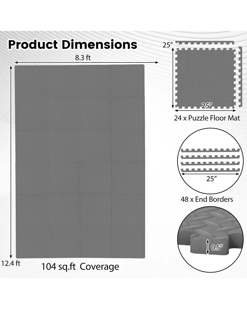 24Tiles 1/2’’ Puzzle Exercise Floor Mats-Gray - Gray - Yoga Accessories