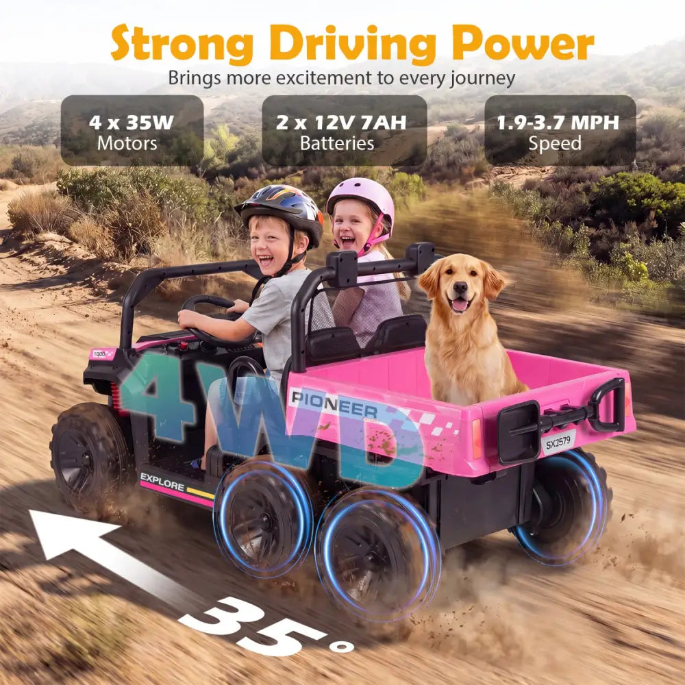 24V 2-Seater Kids Ride on Dump Truck 4WD with Electric Dump Bed and Lights-Pink - Pink - Powered Ride On Toys