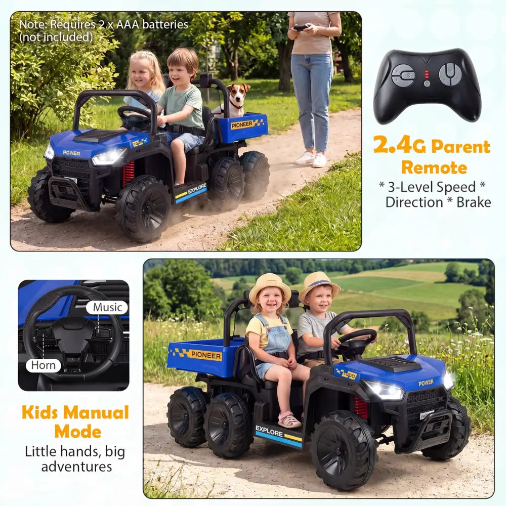 24V 2-Seater Kids Ride on Dump Truck 4WD with Electric Dump Bed and Lights-Navy - Navy - Powered Ride On Toys