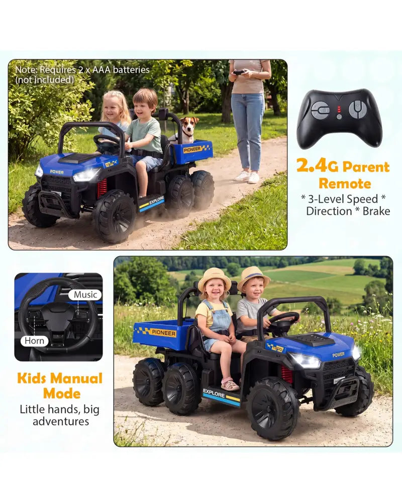 24V 2-Seater Kids Ride on Dump Truck 4WD with Electric Dump Bed and Lights-Navy - Navy - Powered Ride On Toys