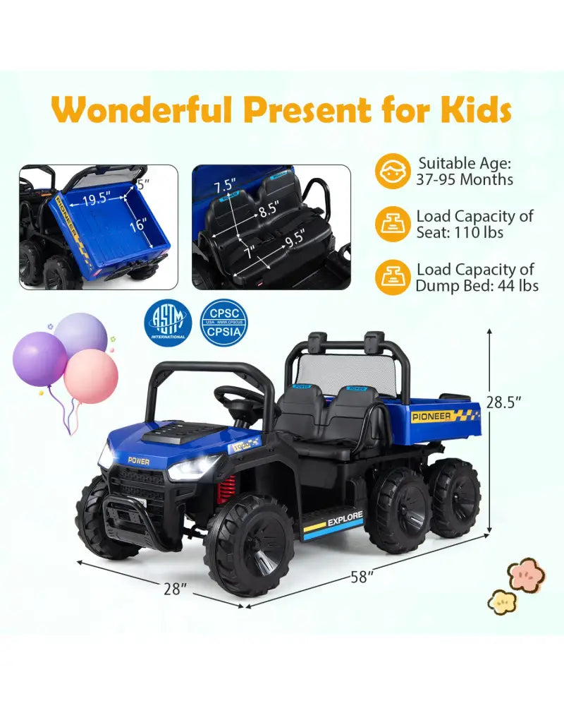 24V 2-Seater Kids Ride on Dump Truck 4WD with Electric Dump Bed and Lights-Navy - Navy - Powered Ride On Toys