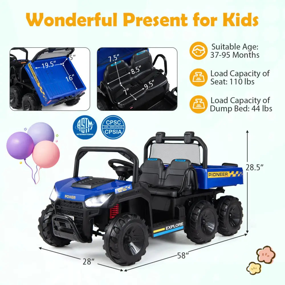 24V 2-Seater Kids Ride on Dump Truck 4WD with Electric Dump Bed and Lights-Navy - Navy - Powered Ride On Toys