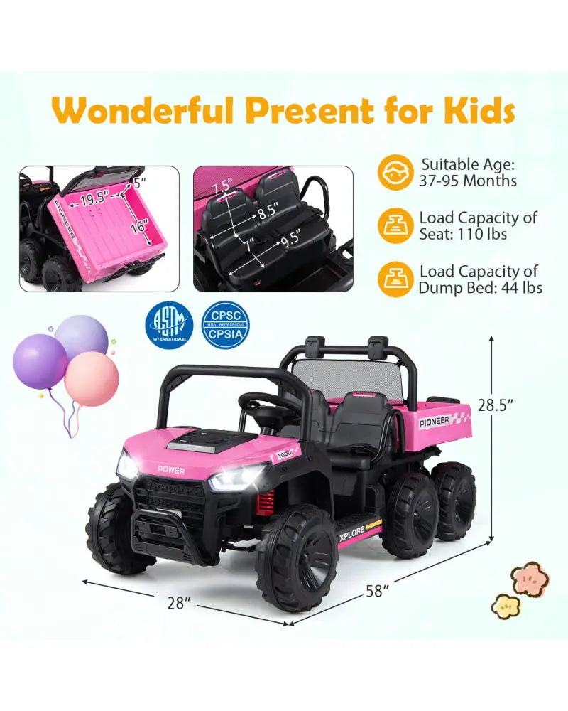 24V 2-Seater Kids Ride on Dump Truck 4WD with Electric Dump Bed and Lights-Pink - Pink - Powered Ride On Toys