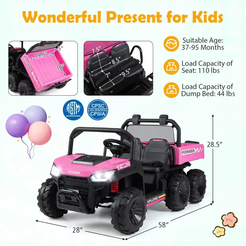 24V 2-Seater Kids Ride on Dump Truck 4WD with Electric Dump Bed and Lights-Pink - Pink - Powered Ride On Toys