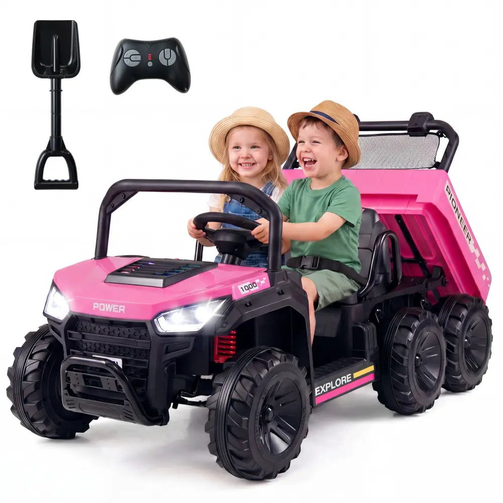 24V 2-Seater Kids Ride on Dump Truck 4WD with Electric Dump Bed and Lights-Pink - Pink - Powered Ride On Toys
