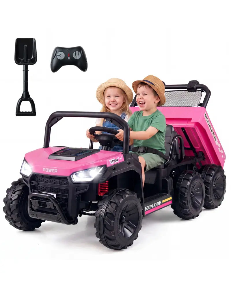 24V 2-Seater Kids Ride on Dump Truck 4WD with Electric Dump Bed and Lights-Pink - Pink - Powered Ride On Toys