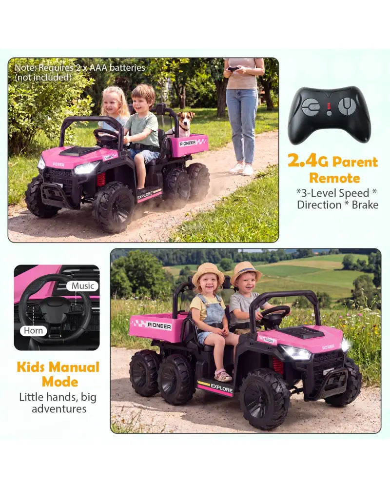 24V 2-Seater Kids Ride on Dump Truck 4WD with Electric Dump Bed and Lights-Pink - Pink - Powered Ride On Toys