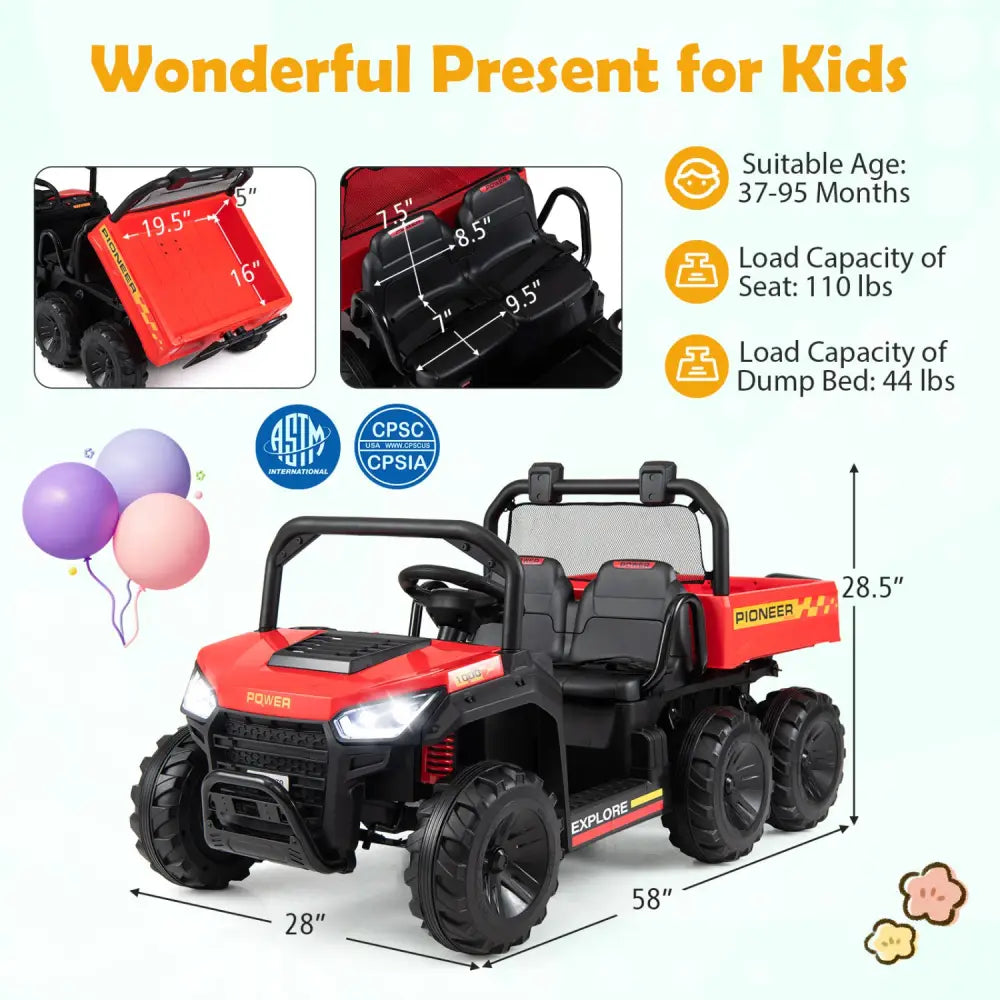 24V 2-Seater Kids Ride on Dump Truck 4WD with Electric Dump Bed and Lights-Red - Red - Powered Ride On Toys
