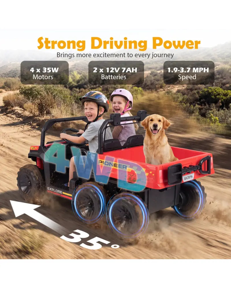 24V 2-Seater Kids Ride on Dump Truck 4WD with Electric Dump Bed and Lights-Red - Red - Powered Ride On Toys