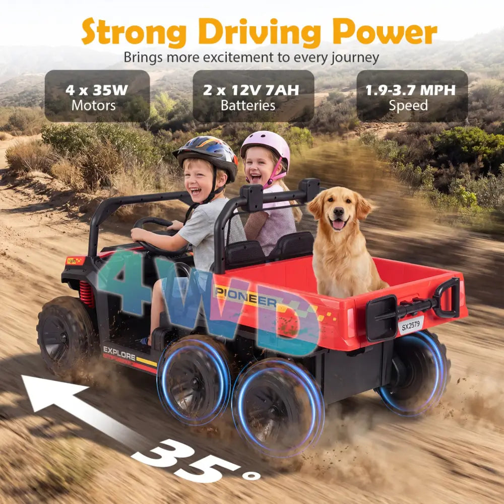 24V 2-Seater Kids Ride on Dump Truck 4WD with Electric Dump Bed and Lights-Red - Red - Powered Ride On Toys