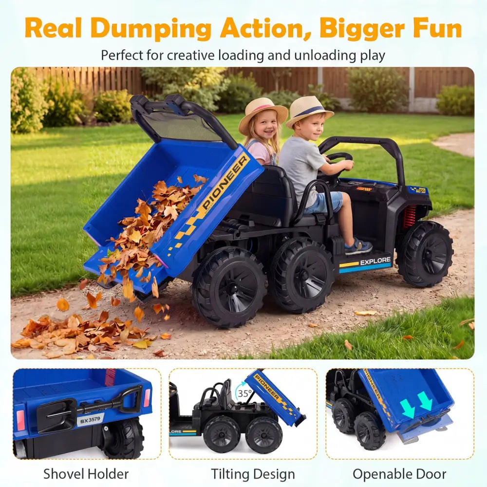 24V 2-Seater Kids Ride on Dump Truck 4WD with Electric Dump Bed and Lights-Navy - Navy - Powered Ride On Toys