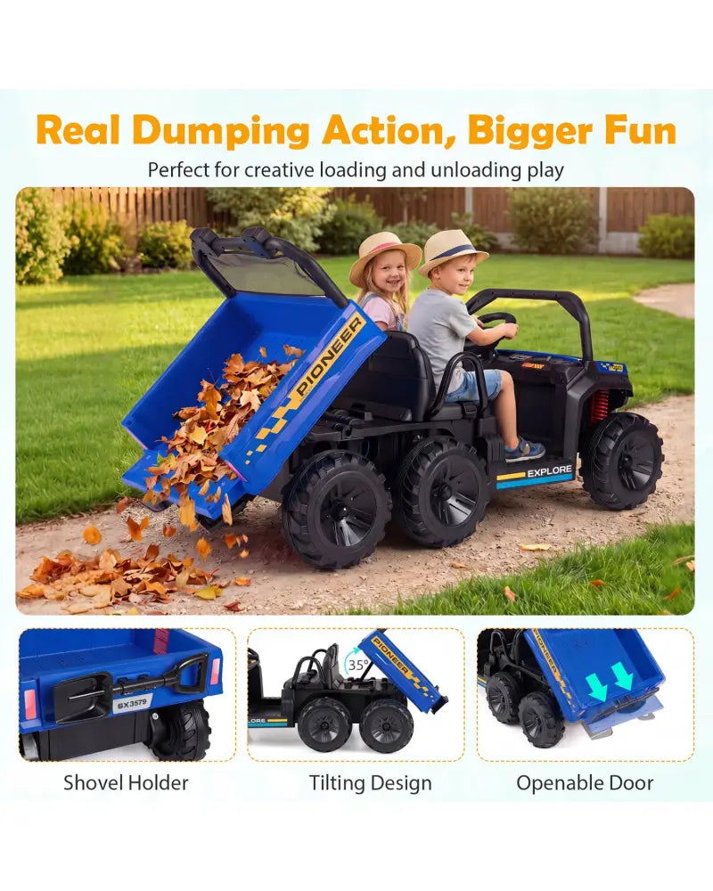 24V 2-Seater Kids Ride on Dump Truck 4WD with Electric Dump Bed and Lights-Navy - Navy - Powered Ride On Toys