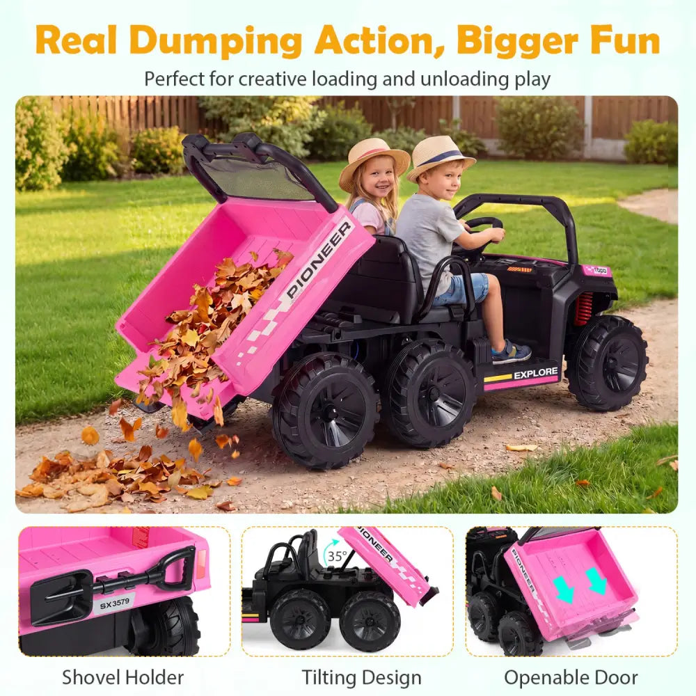 24V 2-Seater Kids Ride on Dump Truck 4WD with Electric Dump Bed and Lights-Pink - Pink - Powered Ride On Toys